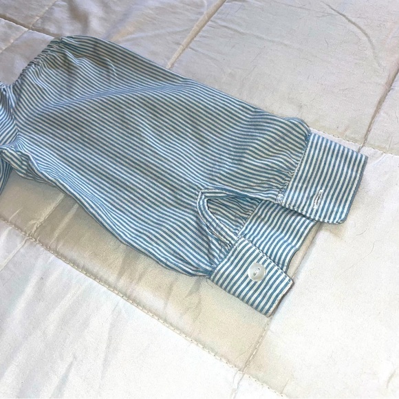 button up Puff Sleeve Square Neckline Ruched Bust Top | Colour: Blue/White - Picture 5 of 5